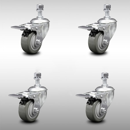 Service Caster 3 Inch SS Gray Polyurethane 12mm Threaded Stem Caster Set Total Lock Brake SCC-SSTSTTL20S314-PPUB-M1215-4